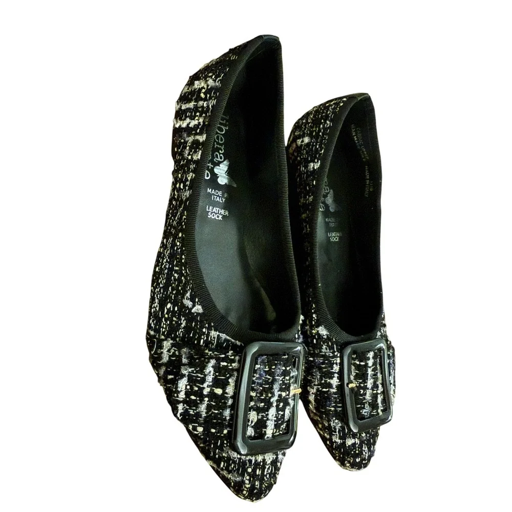 Libera Mente Black Boucle Tweed Pointy Toe Flats Buckle EU 40 Italy New
